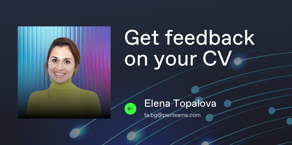 Pwrteams branded background with photo and contact info of Elena Topalova with title "Get feedback on your CV"