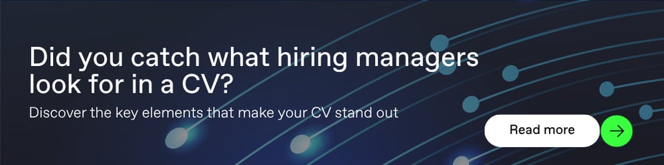 Pwrteams banner with a branded background and title "Did you catch what hiring managers look for in a CV", linking to a blog article "Career insights: What hiring managers look for in a software engineer’s CV"