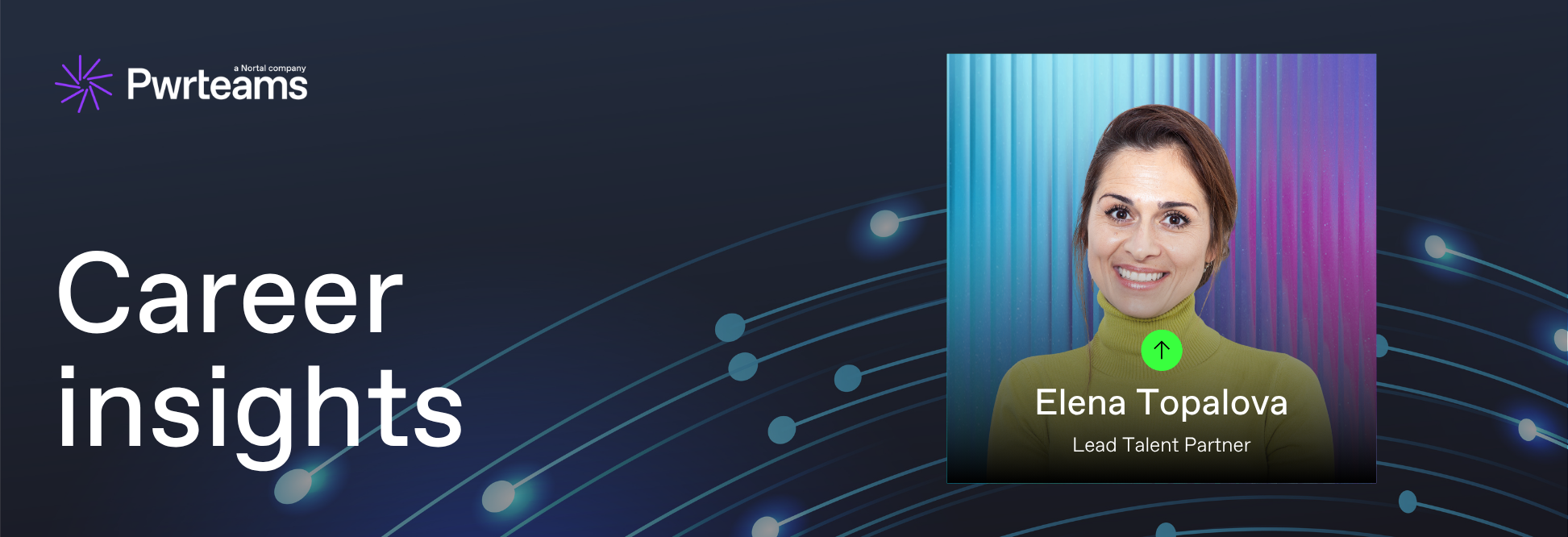 Pwrteams Career Insights header with a portrait of Elena Topalova, Lead Talent Partner, alongside branded background and title text.