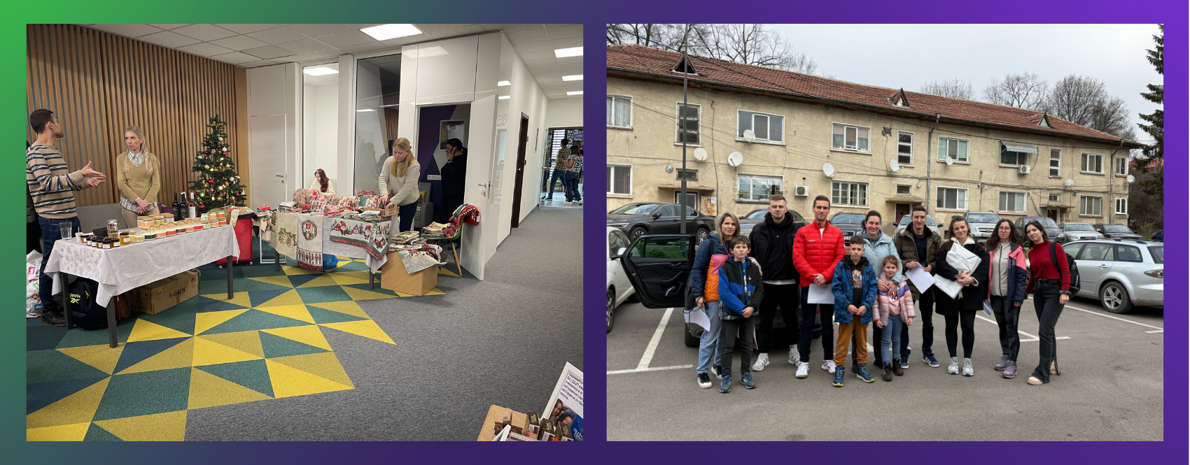 A collage of two photos. One of the booths at the Pwrteams Christmas Charity Bazaar and the second a group of Pwrteams colleagues during a charity campaign of "You are not alone" foundation.