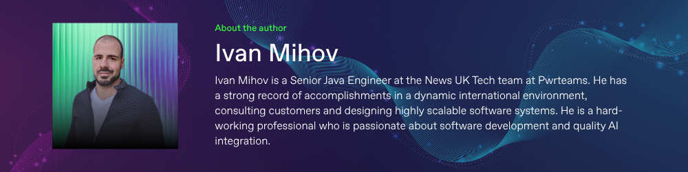 Pwrteams banner with a portrait of Ivan Mihov, Senior Java Engineer at News UK Tech dedicated team., alongside branded background and title text.