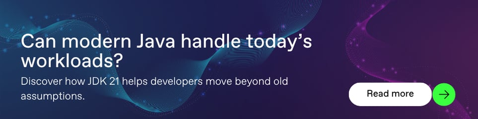 Pwrteams banner with a branded background and title “Can modern Java handle today's workloads?”, linking to a blog article “Modern Java unleashed: virtual threads revolution & other game-changing features in JDK 21”