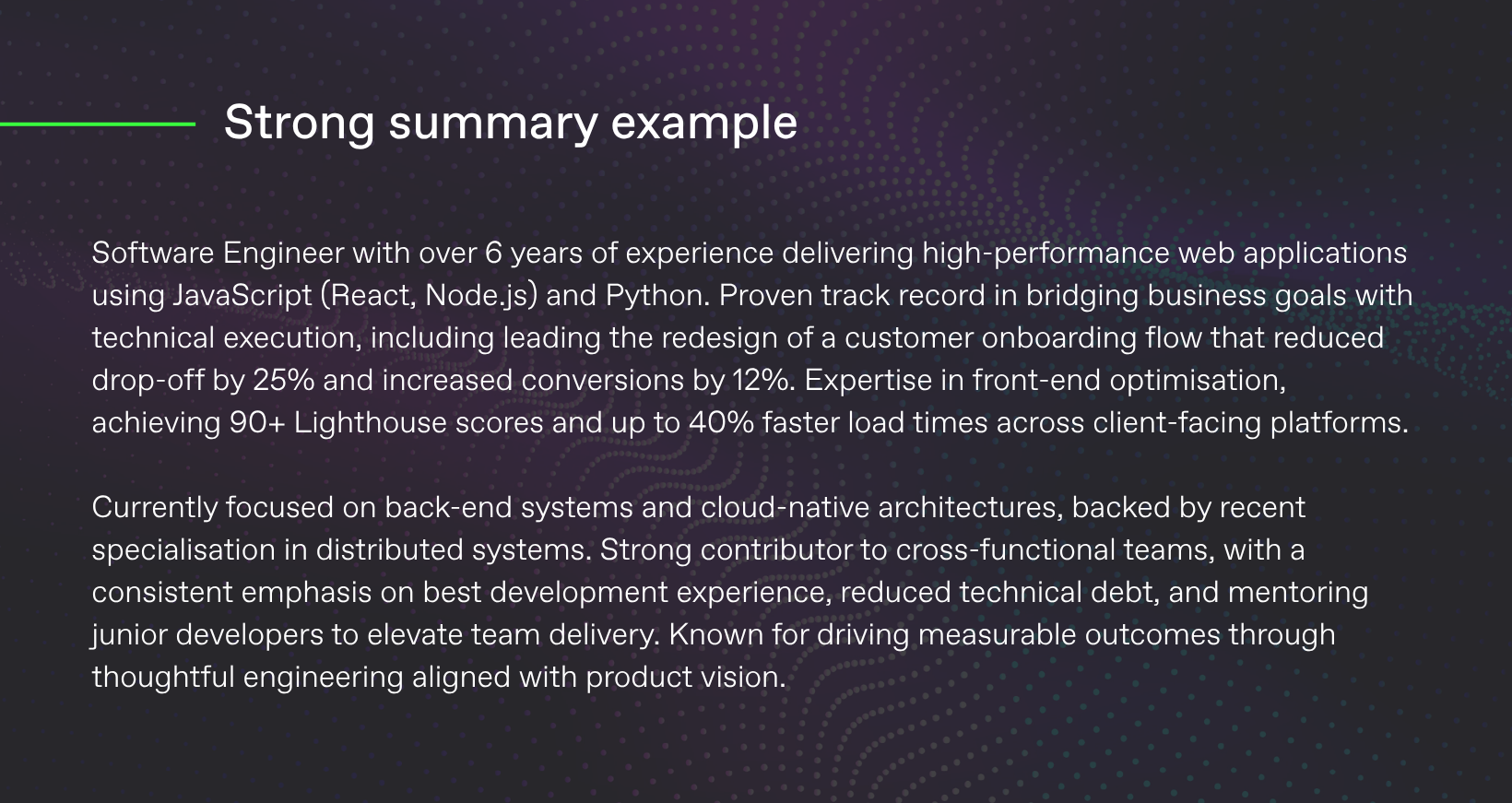 Strong CV summary example for a software engineer with 6+ years of experience, showcasing measurable results, technical skills and business impact on a branded background.