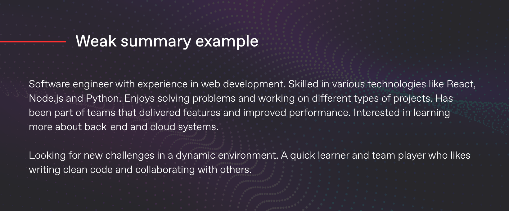 Weak CV summary example for a software engineer, illustrating vague language, lack of measurable results and limited differentiation on a branded background.