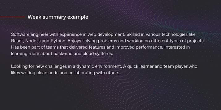 Weak CV summary example for a software engineer, illustrating vague language, lack of measurable results and limited differentiation on a branded background.