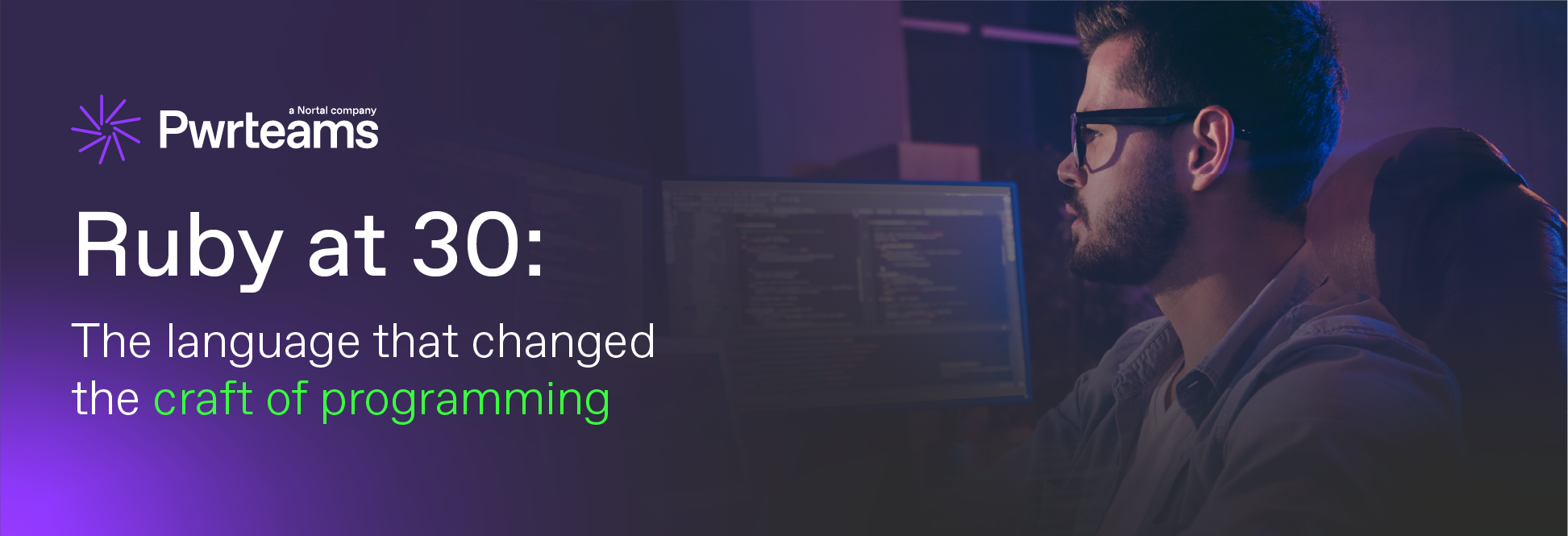 Developer working at a computer with code on screen, next to the headline "Ruby at 30: The language that changed the craft of programming".