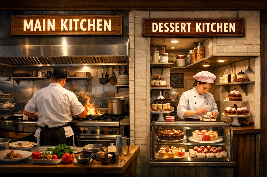 An image of a restaurant kitchen split into two sections: a busy main kitchen with a chef cooking over an open flame and a separate dessert kitchen where a pastry chef prepares cakes - illustrating divided workflows.